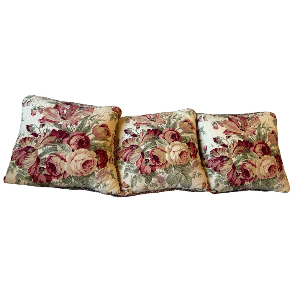 Vintage Waverly Fortuna Floral Tapestry Throw Pillows Set of 3 Rope Trim 16x16